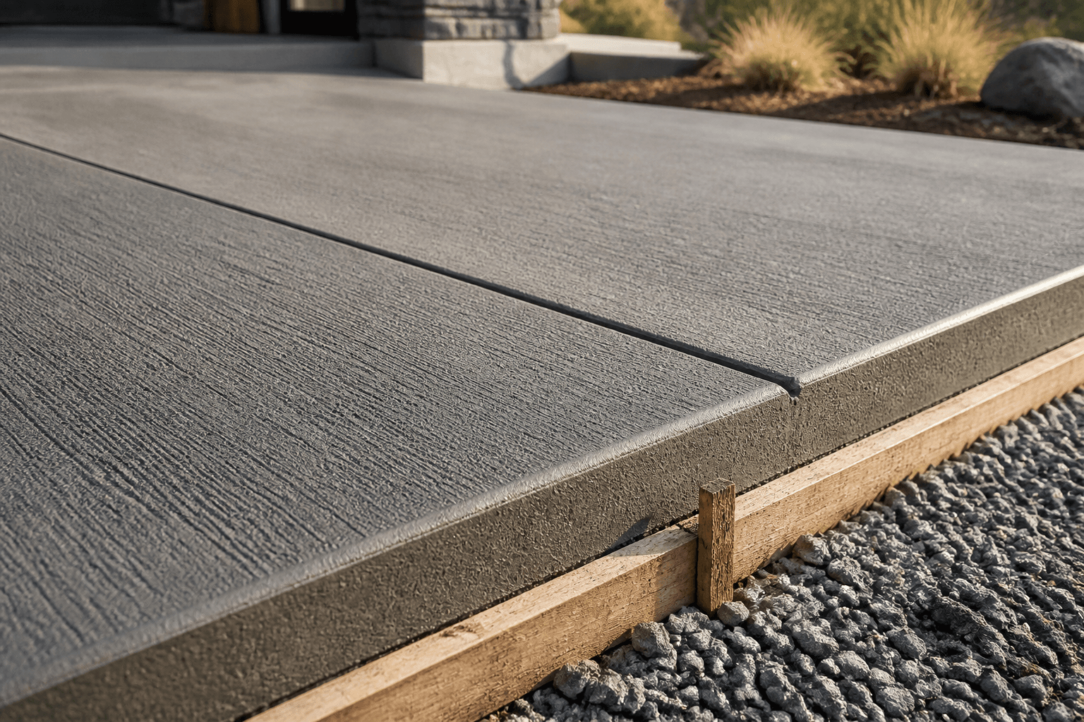 Close detail of broom-finished concrete flatwork with clean form edges